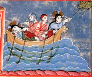 Jésus apaise la tempête; miniature de l'Evangéliaire d'Echternach, Nuremberg, XI° s.