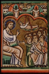 Bible de l'abbaye St. Bertin(St. Omer) - Bibliothèque La Hague - 1190-1200. Enluminure. Jésus guérit le paralytique.